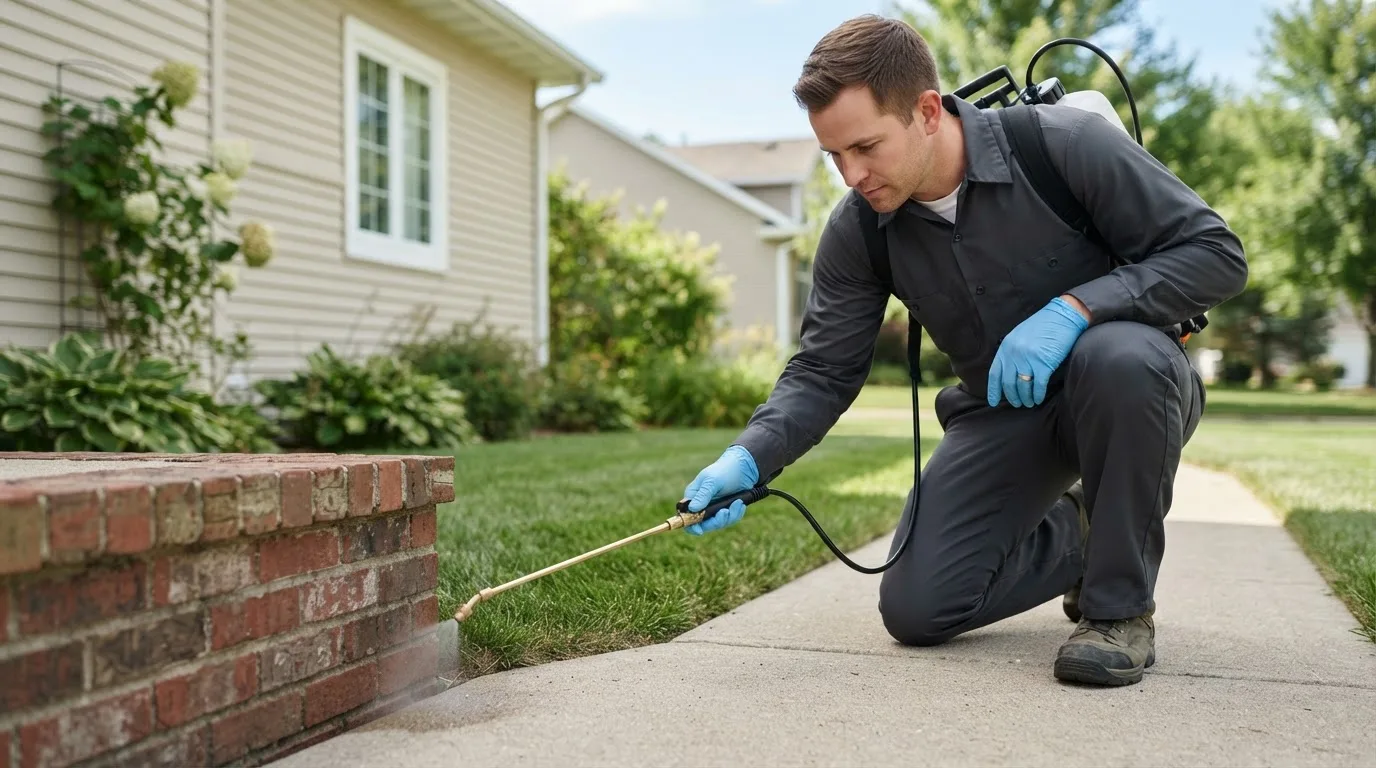 Pest control technician treating a home near Amherst, WI