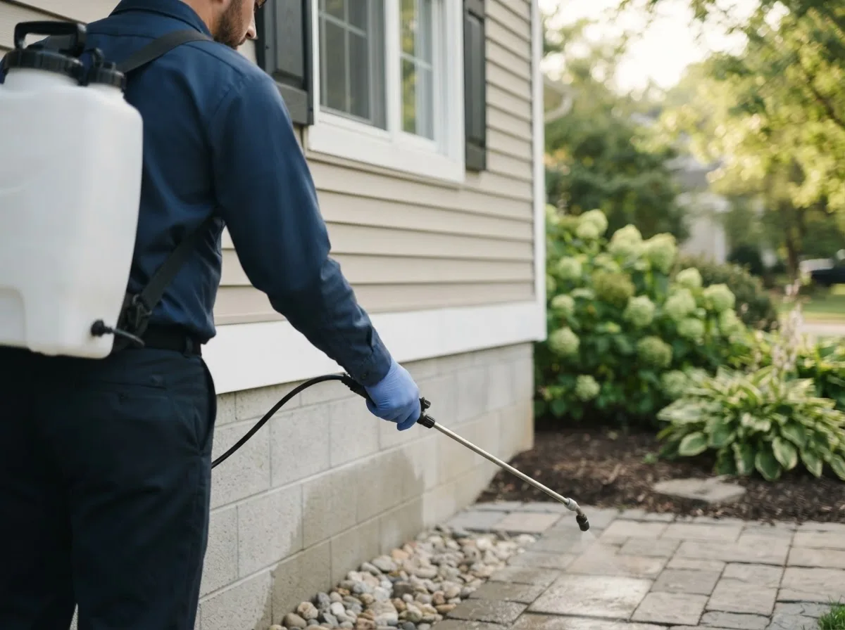 Pest control technician inspecting a home in Amherst, WI